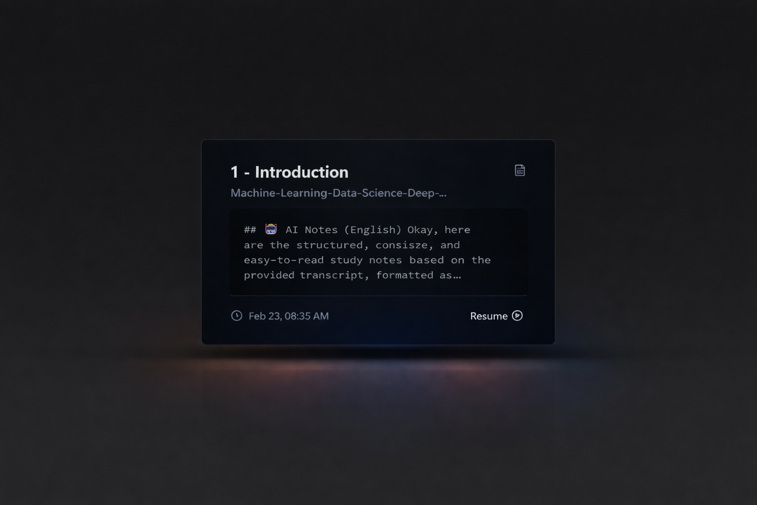 Continue Learning card for Introduction with a Resume button and last-opened time