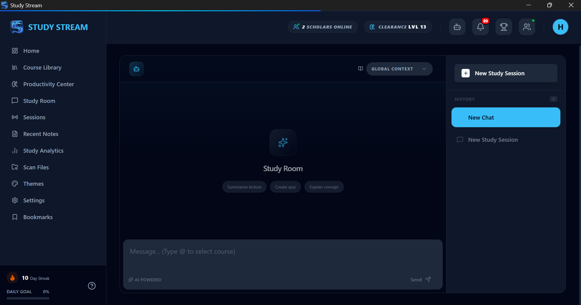 Study Room AI with Summarize lecture, Create quiz, and Explain concept actions