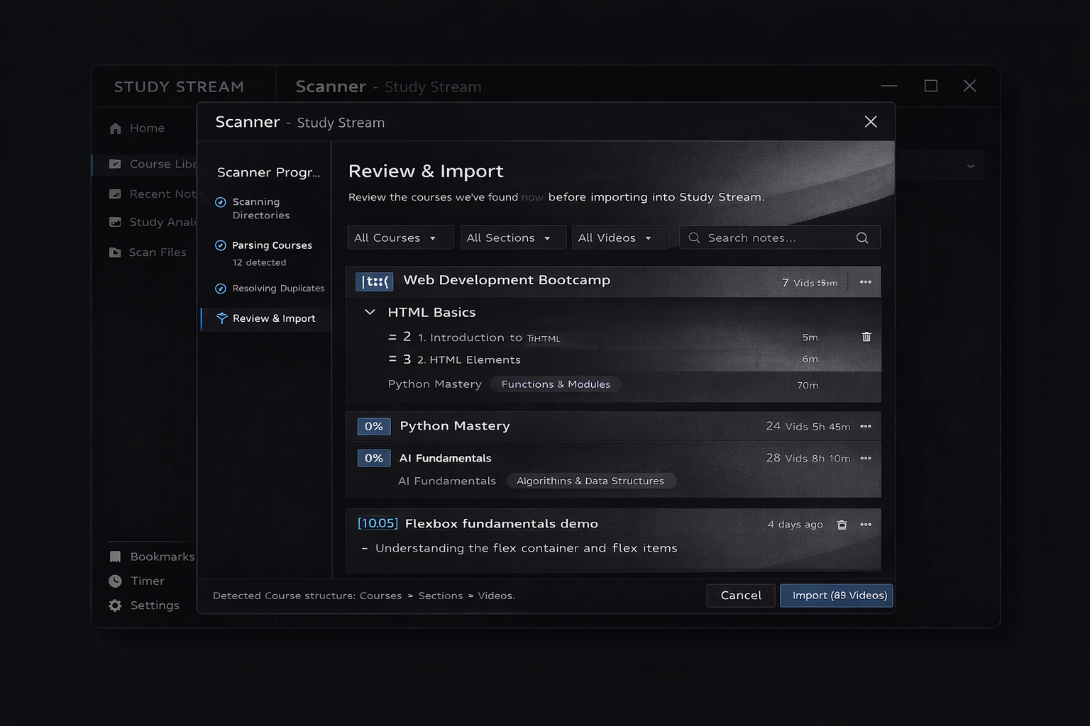 Scanner reviewing detected courses and an Import 89 Videos button