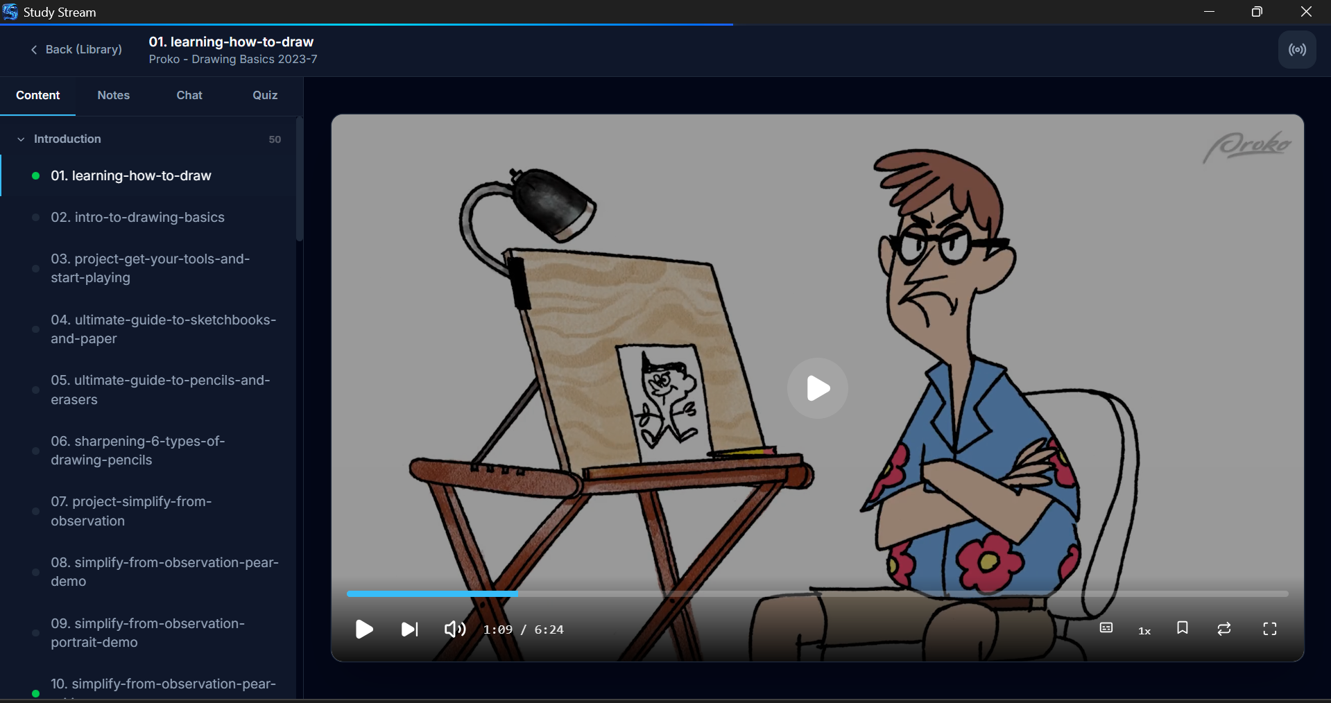 Distraction-free video player with auto-hiding controls, lesson list, and Content Notes Chat Quiz tabs